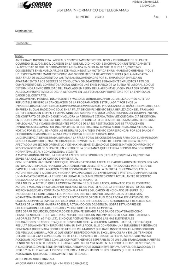 Echaron a tres pilotos de Aerolíneas por negarse a operar un avión para no avalar “el achique” de la empresa